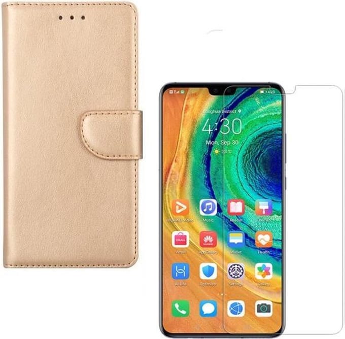 hoesje Geschikt voor: Huawei Mate 30 Pro Portemonnee Goud met 2 stuks Glas Screen protector
