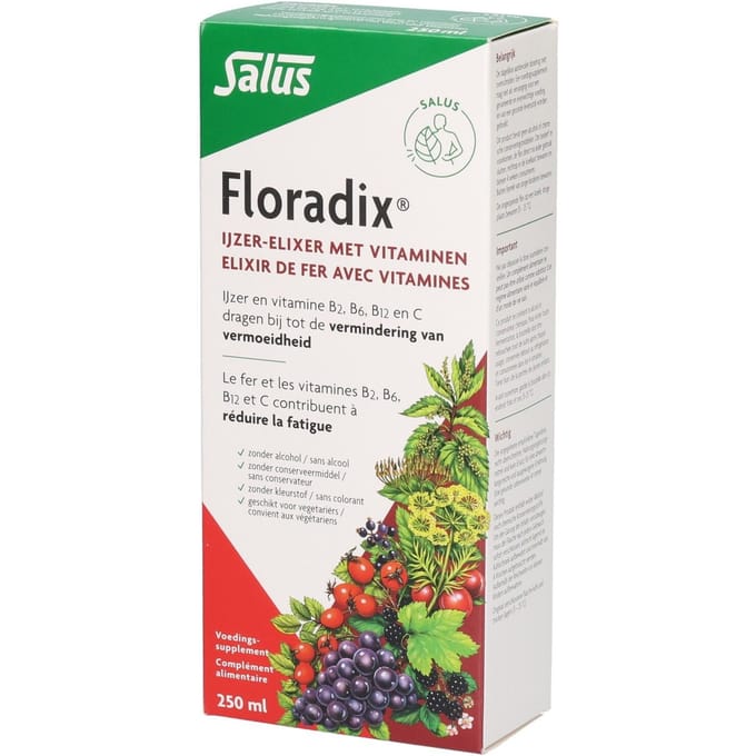Salus Floradix IJzer-elixir – Bij vermoeidheid – Voedingssupplement met ijzer en vitamine B12 – 250 ml