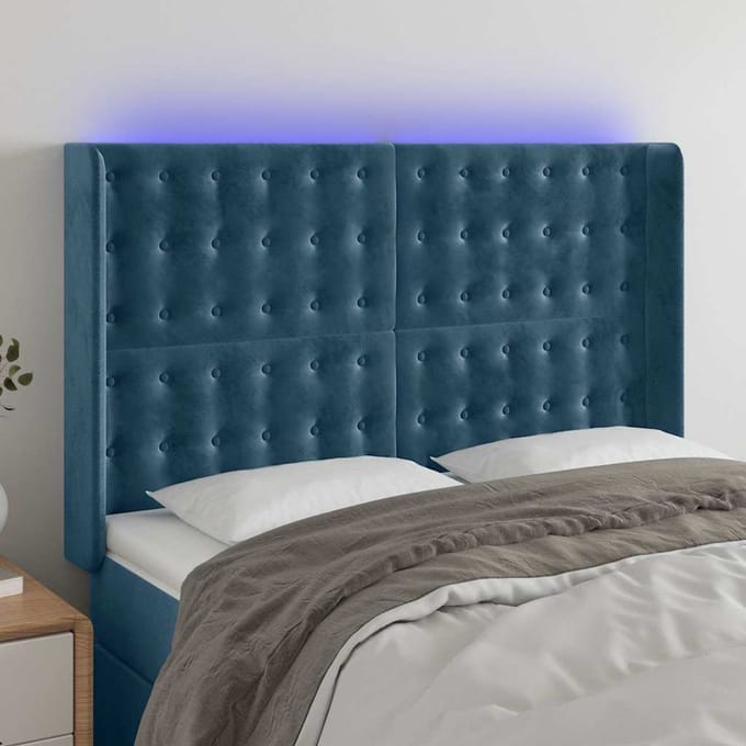 vidaXL - Hoofdbord - LED - 147x16x118/128 - cm - fluweel - donkerblauw