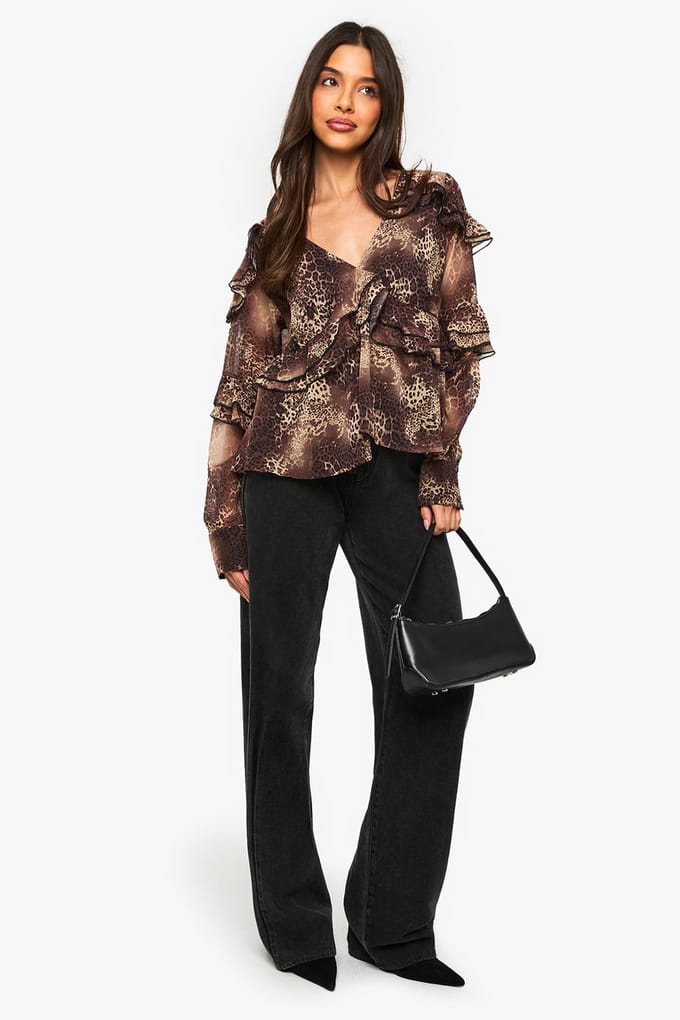 boohoo Dames Luipaard chiffon blouse met ruches | Leopard | Maat: 6