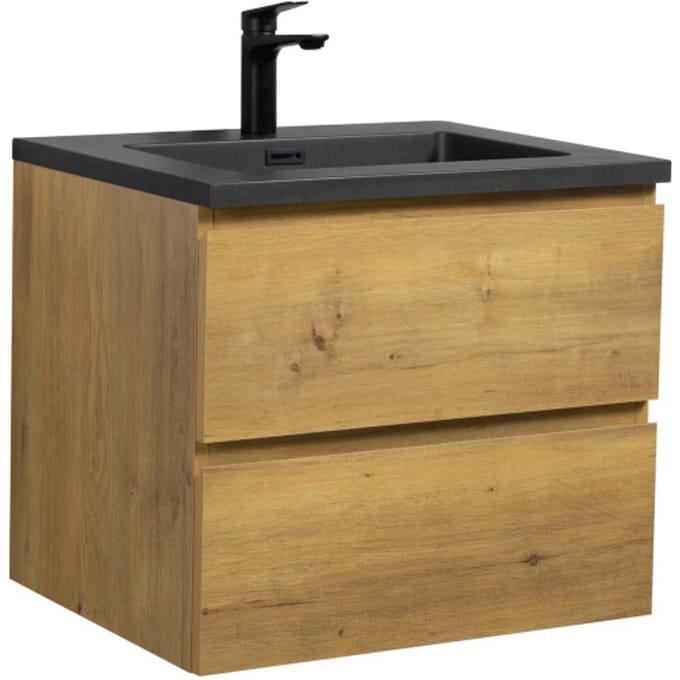 Badplaats Badkamermeubel Set Angela 60 cm – Eiken – Badmeubel met Zwarte Wastafel