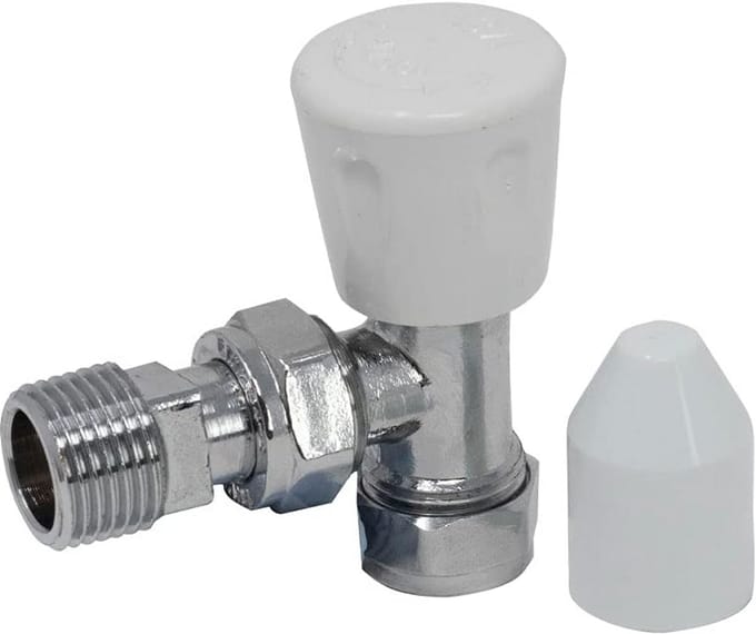 Schuine Radiatorklep 15 mm met Lockshield en Witte Wielkop - Chromen Afwerking