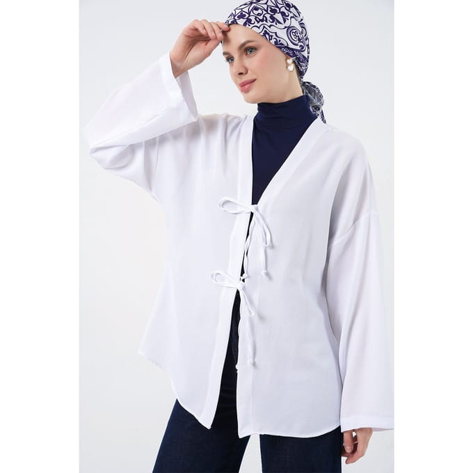 Linnenmix Lange Mouwen Kimono met Binding Detail