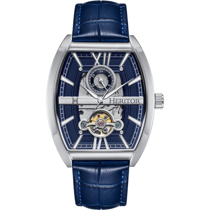 Heritor Automatic Masterson Semi-Skelet leren band horloge - Zilver/Blauw