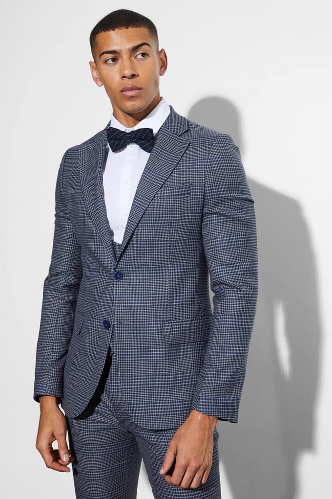 Skinny Fit Single Breasted Checked Blazer | Navy | Size 36