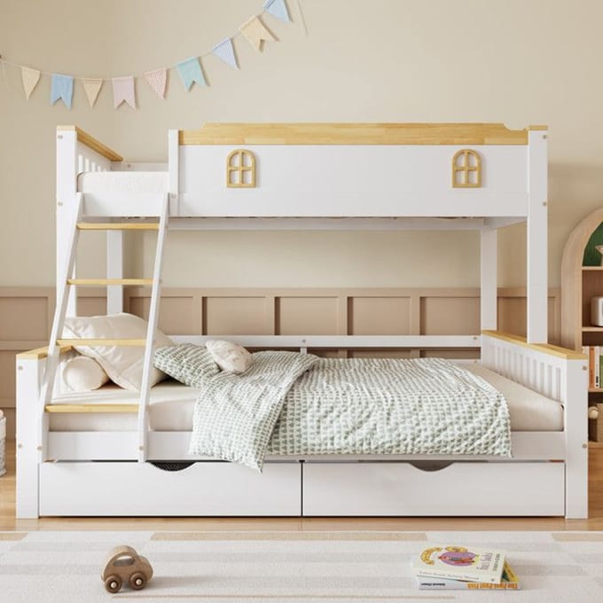 Stapelbed - MUVOE - 90x200 cm - Grenen + MDF - Wit + Grijs - Met dak en ramen wit