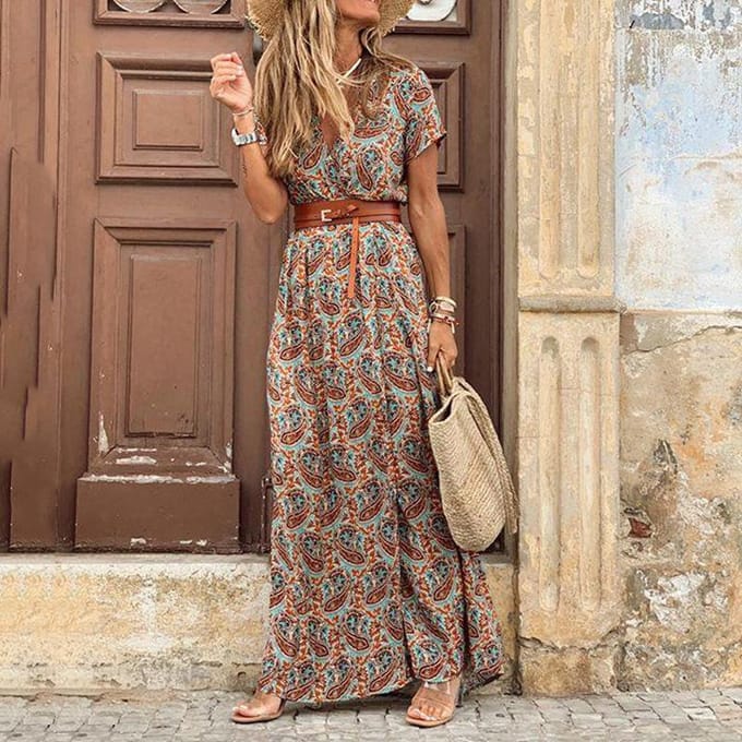 Vrouwen Zomer Mode Boho Stijl V-hals Bloemenjurk XL bruin