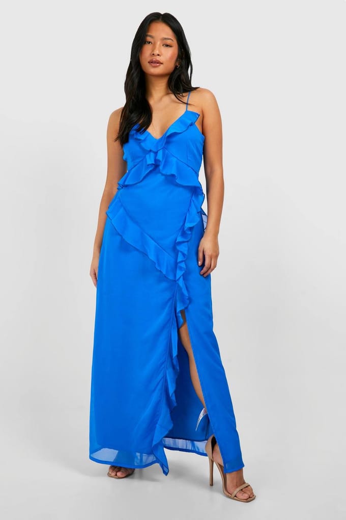 boohoo Dames Petite Chiffon Ruffle Maxi-jurk | Electric Blue | Maat: 36