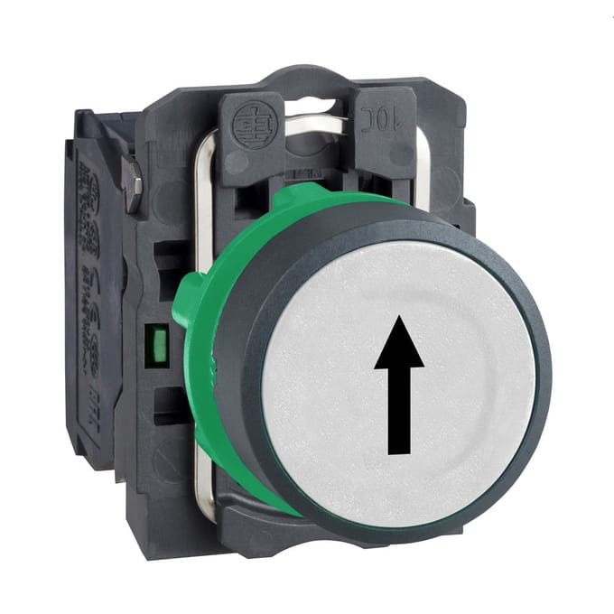Schneider Electric Harmony push button complete with spring return and flat touch Oppervlak in Wit with Zwart arrow 1xno xb5aa3341