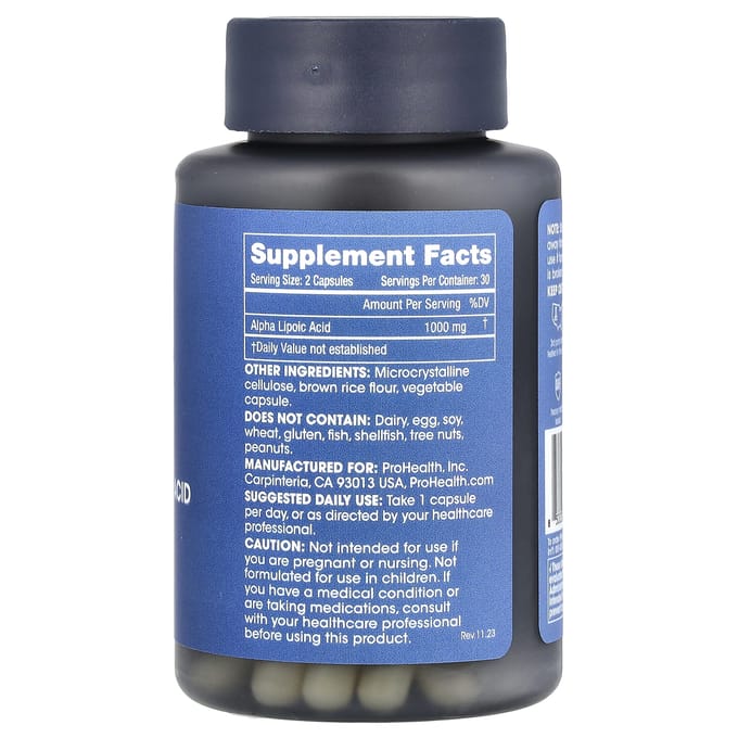 ProHealth Longevity, acide alpha-lipoïque, 1 000 mg, 60 capsules (500 mg par gélule)