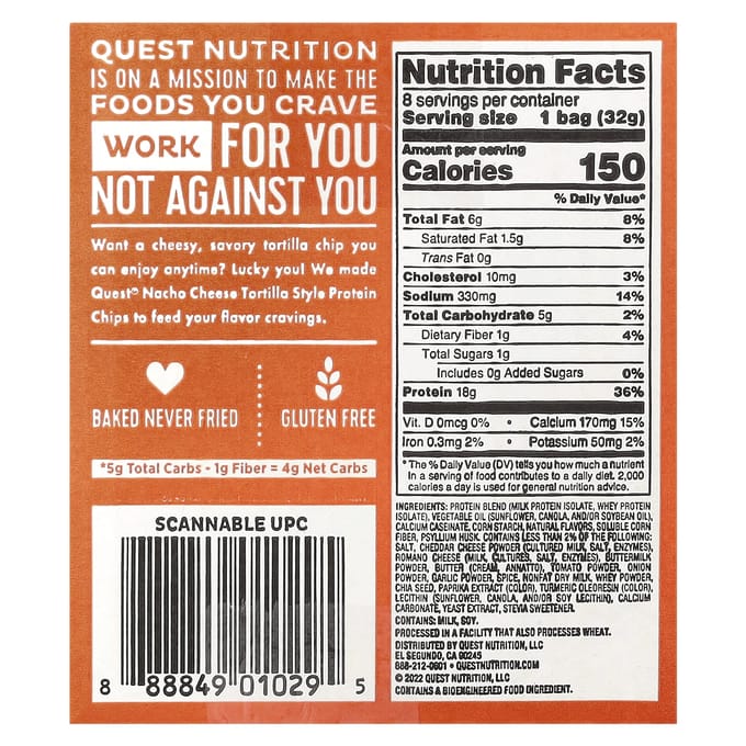 Quest Nutrition Protein Tortilla Chips (8x32g) Nacho Cheese - Functionele voeding - Eiwit Snacks