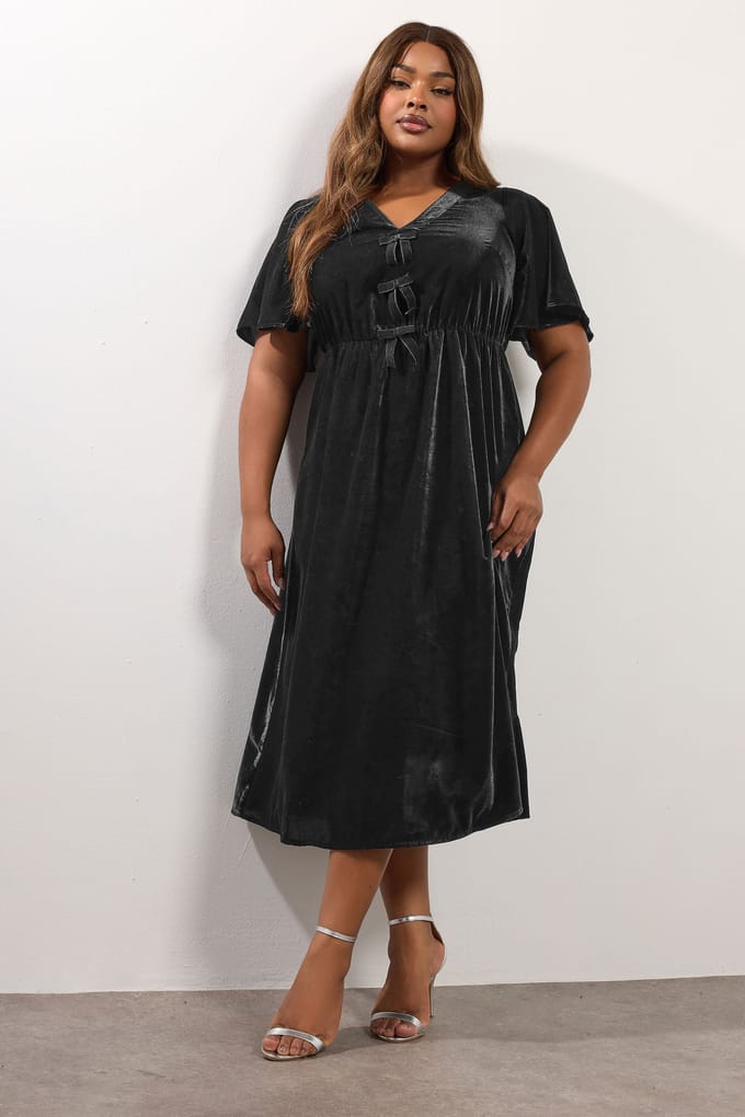 Yours Zwarte Fluwelen Maxijurk Met Strik Aan De Voorkant Size 48