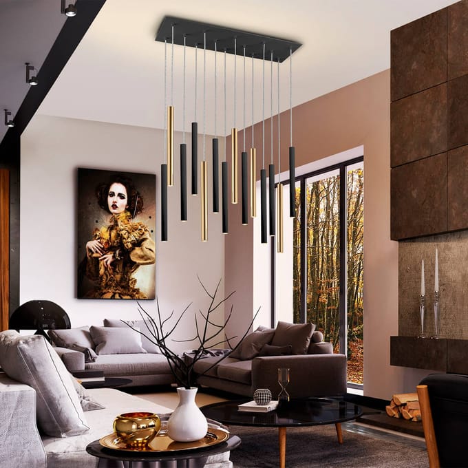 Schuller Valencia LED hanglamp Varas dimbaar, 14-lichts, goud/zwart, metaal