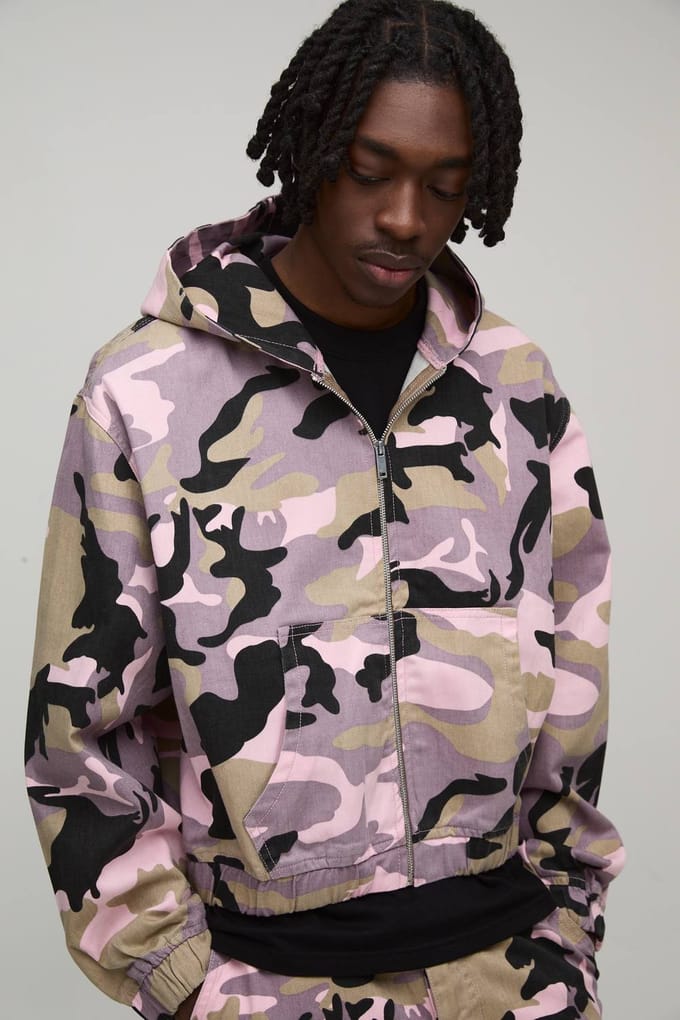 Oversized Crop Camo Twill Hooded Overshirt | Pink | Size Small