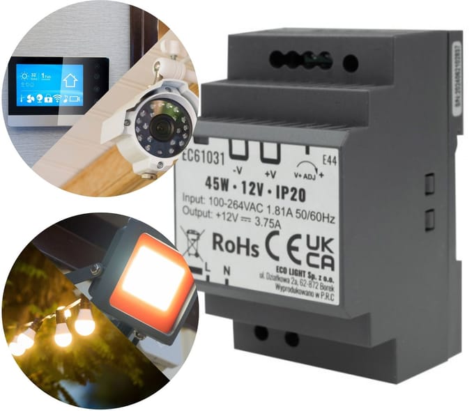 Voeding LED gemonteerd op rail DIN 45W 12V 3.75A 90,5x52x58,5 mm