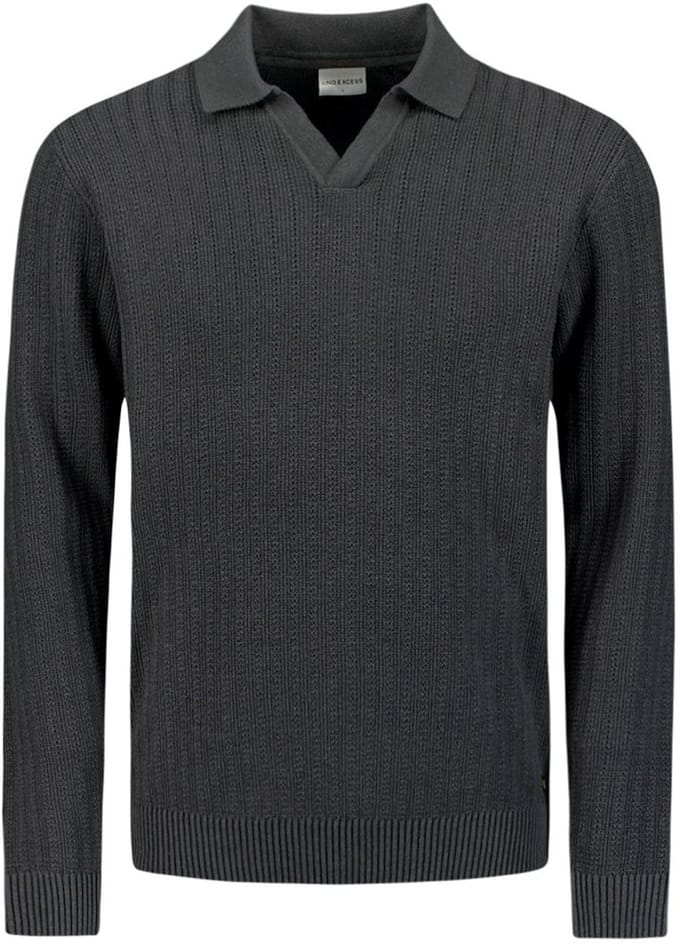 No Excess Pullover Open Polo Collar Relief Knit Dark Grey Größe: L | Pullover Outlet | Herren | Grau