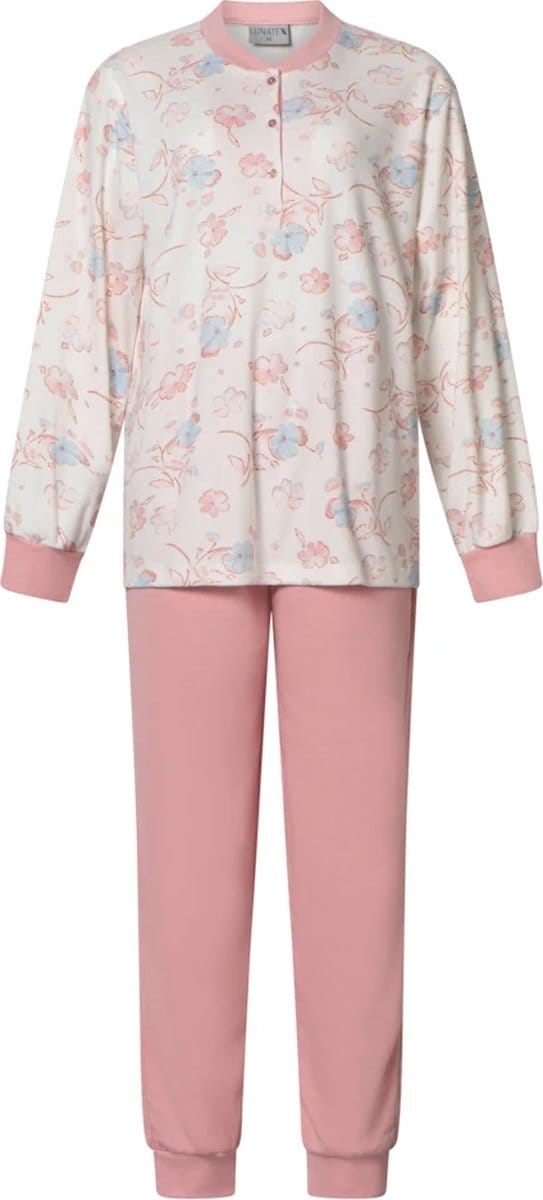 Lunatex dames pyjama interlock licht geruwd - maat M - Flower - roze