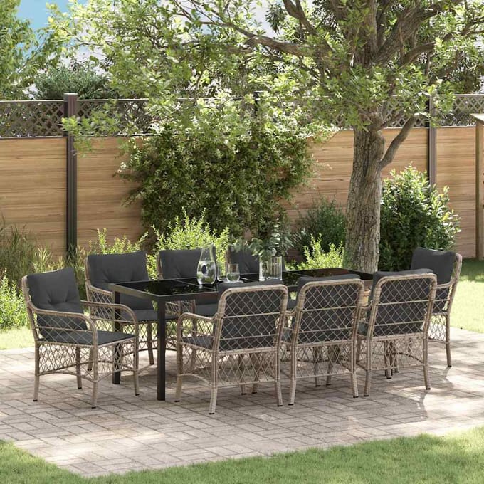 vidaXL - Tuin - Eettafel - Set - 9 - st - Lichtgrijs - poly - rattan