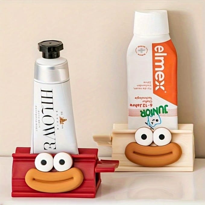 Makkelijk Uitknijpbare Tandpastadispenser - Schattig Groot Mondontwerp, Handmatig Badkameraccessoire voor Moeiteloos Tandpastagebruik White brown