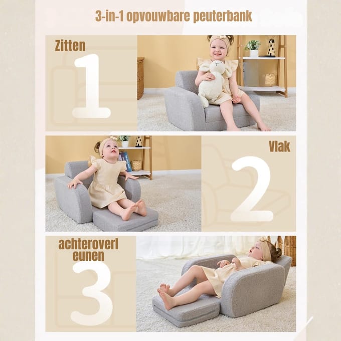 RONN® Kindersofa - Zitzak - Kinderstoel - Grijs - 91cm x 25cm x 52cm