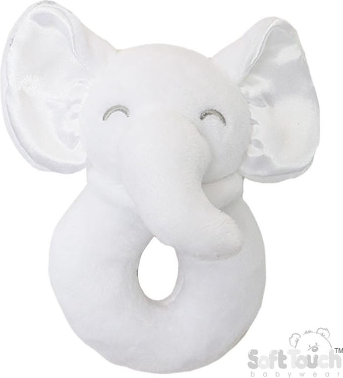Soft Touch Rammelaar Olifant Junior 12 Cm Polyester Wit Met Satijnen Oortjes
