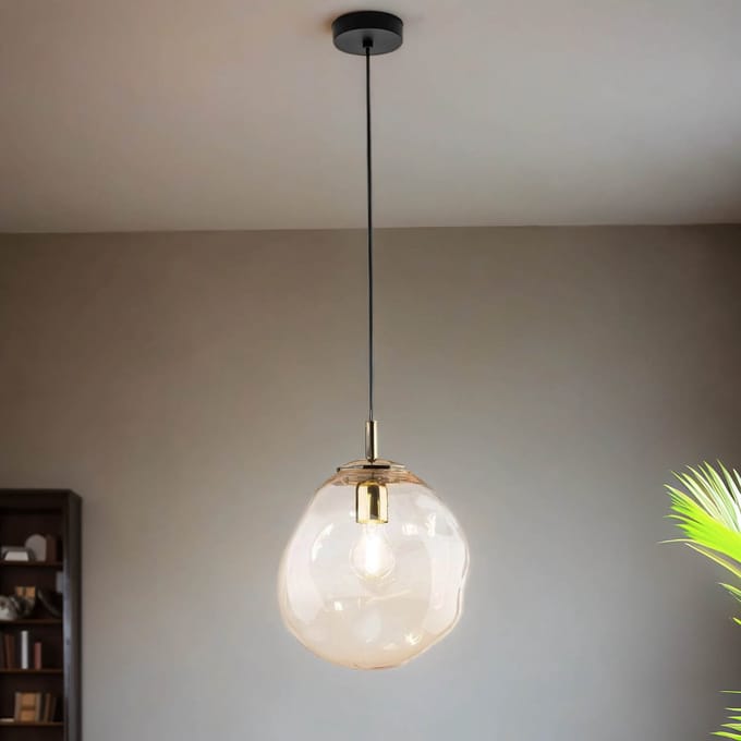 Licht-Erlebnisse - Bosta - Hanglamp - E27 - van - Metaal glas - in - Zwart amber goud
