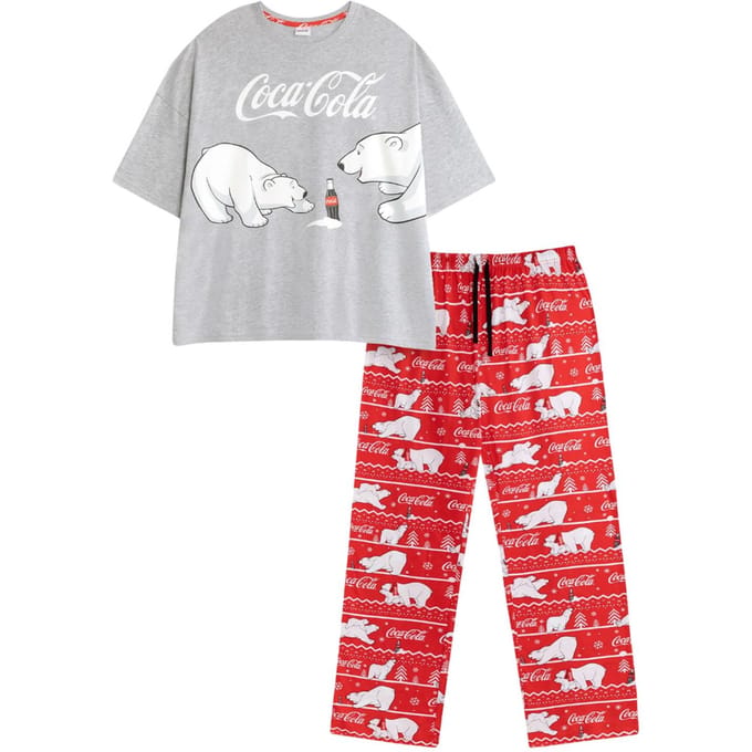 Coca-Cola Dames Logo Korte Mouw Lange Pyjama Set XL rood/grijs