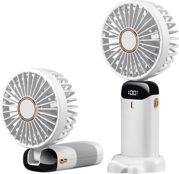 Handventilator - Witte Draagbare Ventilator Oplaadbaar - Tafelventilator Draadloos - Fan+Telefoonhouder - 5 Standen -Bekend van Tiktok