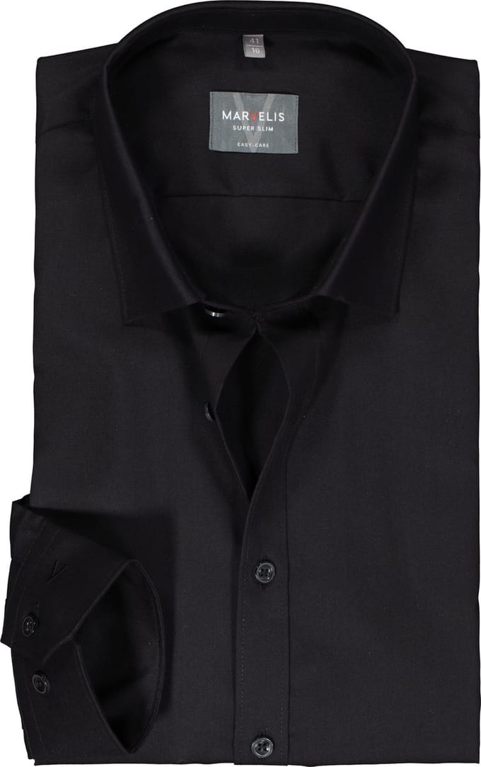 MARVELIS super slim fit overhemd - popeline - zwart - Strijkvriendelijk - Boordmaat: 37