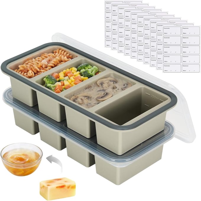 Set van 2 soepvriescontainers, 4 compartimenten van 300ml, silicone vriescontainer met deksel, BPA-vrij voor soep, bouillon en sauzen