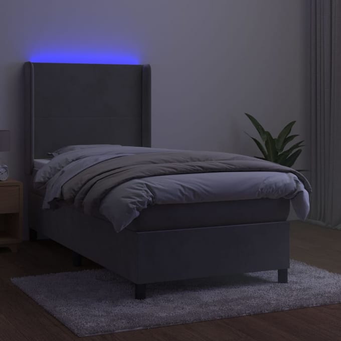 vidaXL - Boxspring - met - matras - en - LED - fluweel - lichtgrijs - 90x190 - cm