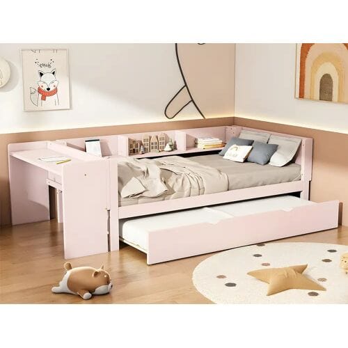 ModernLuxe Eenpersoonsbed 90x200 cm met onderschuifbed - met bureau ernaast - Roze