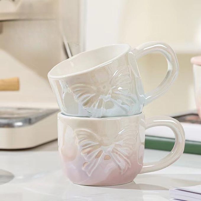 Verloop Parel Reliëf Strik Licht Luxe Mok Kantoor Schoonheid Meisje Waterbeker Thuis Ontbijtbeker 301-400ml white