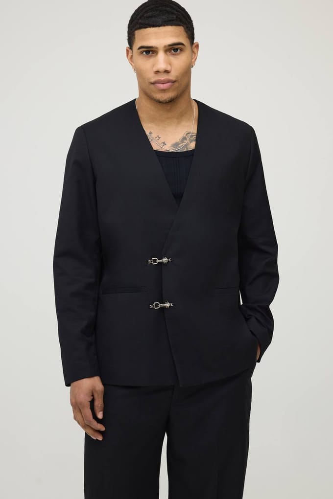 Kraagloze Oversized Blazer met Brandweergesp | Black | Size 38