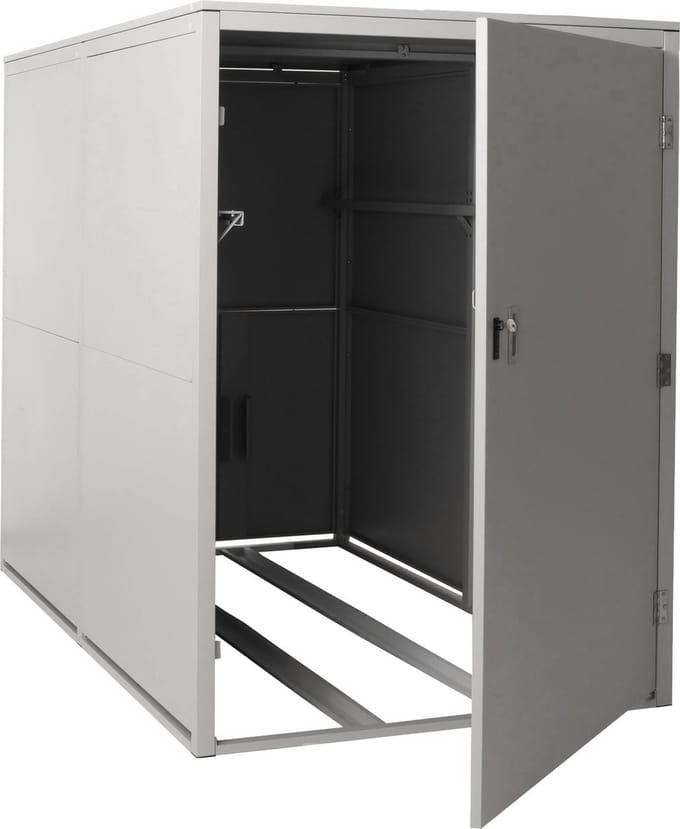 2-fietsenstalling MCW-L56c, fietsenstalling met opbergruimte, afsluitbaar metaal 160x113x209cm ~ lichtgrijs