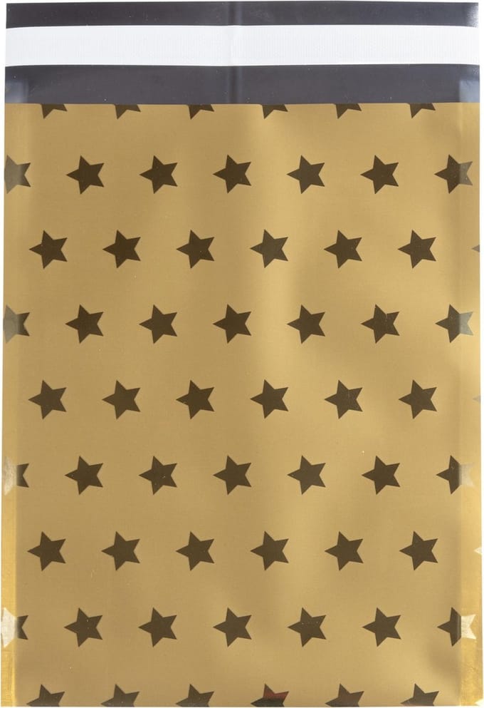 Cadeauzakjes plastic, stars, 18x23,5+3cm GOUD/GOUD (50 stuks)