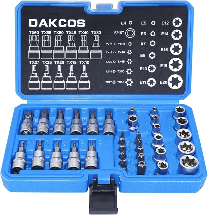 34-delige Torx dopsleutelset en E-Torx star doppenset met moeren en bits
