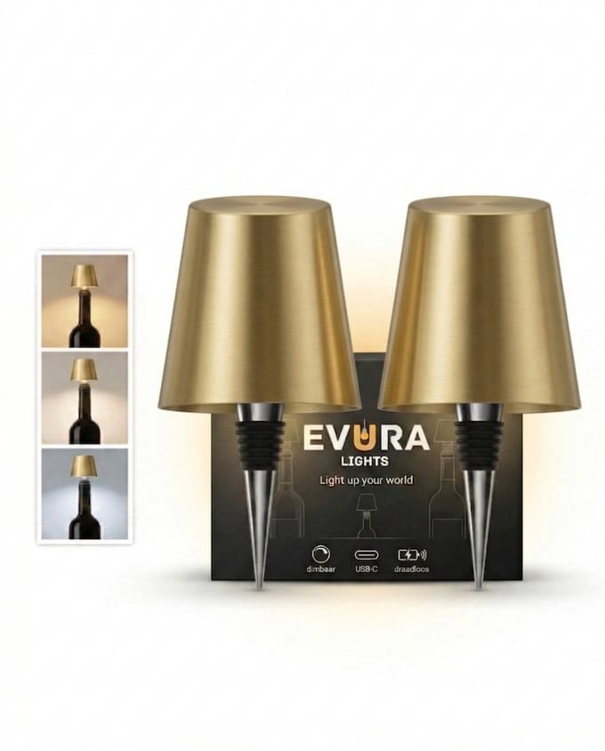Evura Goods oplaadbare flessenlamp goud - set van 2 - dimbaar - 3 lichtkleuren - draadloos