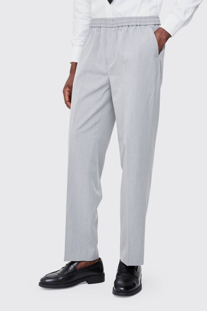 Elastic Waist Straight Fit Tailored Trousers | Grey | Size 40
