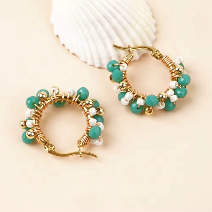 Oorbellen bead green/ white - kralen - stainless steel - kadotip