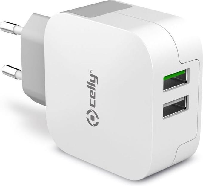 Turbo Lichtnetadapter 3.4A met 2 USB poorten, Wit - Celly