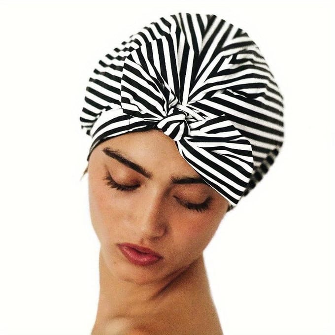 Eén Stuk Douchemuts voor Dames, Met Een Zwart-Wit Gestreept Ontwerp, Verstelbaar en Geschikt voor Lang Haar, Herbruikbaar black