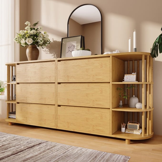 Dressoir - 160 cm - 6 Lades en Open Vakken - Verstelbare Poten - Eiken