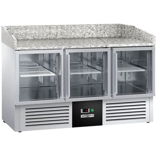 GGM Gastro Pizzawerkbank PREMIUM - 1400x700mm - granieten werkblad - met 3 glazen deuren zilver