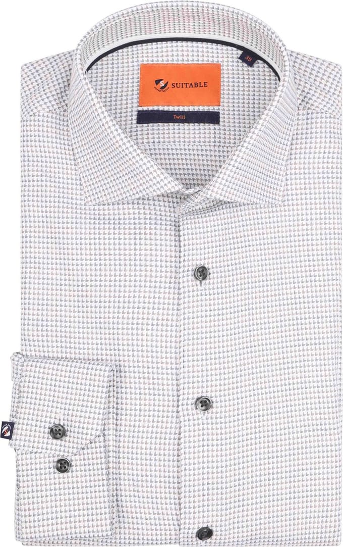 Suitable Overhemd Twill Print Wit - Maat 38 - Heren - Overhemden Formeel