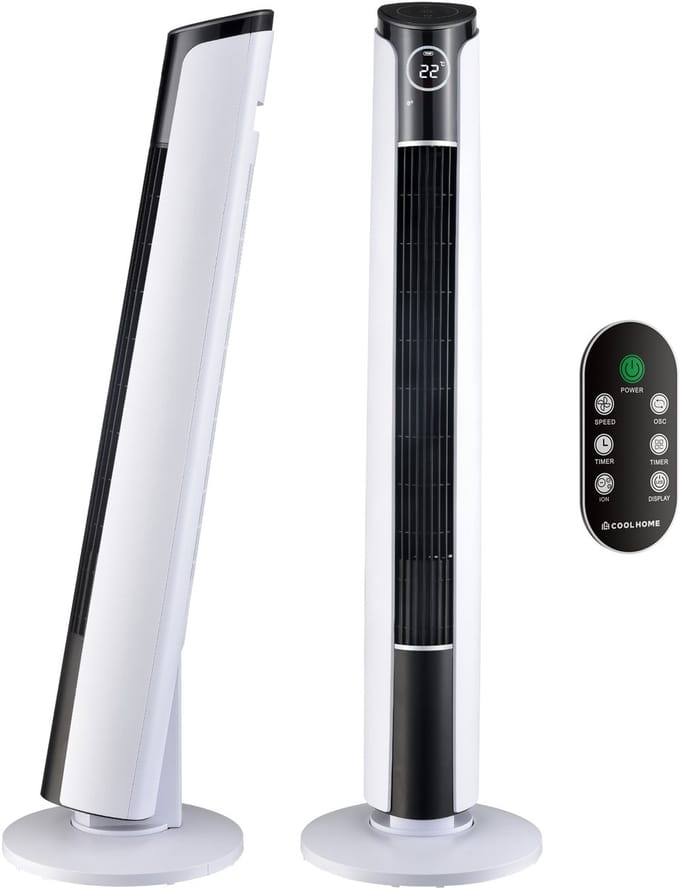 CoolHome CF2204 Design Ventilator - Wit - Torenventilator - Afstandsbediening - Timer - Dimbaar LED-scherm - Kolomventilator met Luchtreiniger - Ventilator Staand