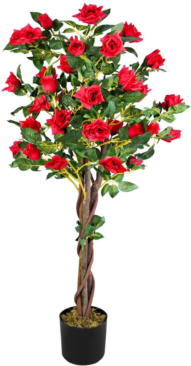 Dailygoods - Kunstroos - 120 cm Hoge Kunstplant met Rode Bloemen