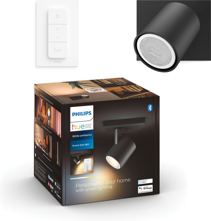 Philips Hue Runner opbouwspot - warm- tot koelwit licht - 1-spot - zwart - 1 dimmer switch - GU10