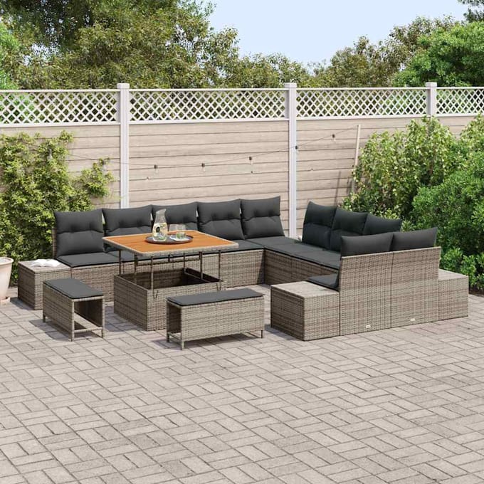 vidaXL - Tuinbank - Set - 13 - st - 12-zits - Grijs - Poly - rattan