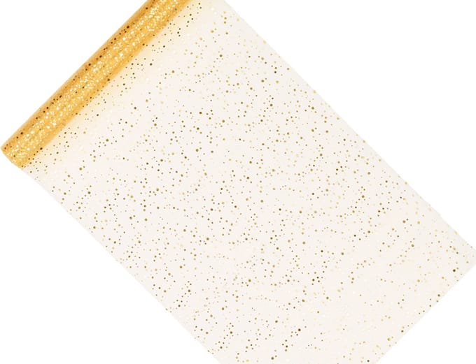 Organza goud glitter met gouden stippen, rol 0.36cm x 9 mtr